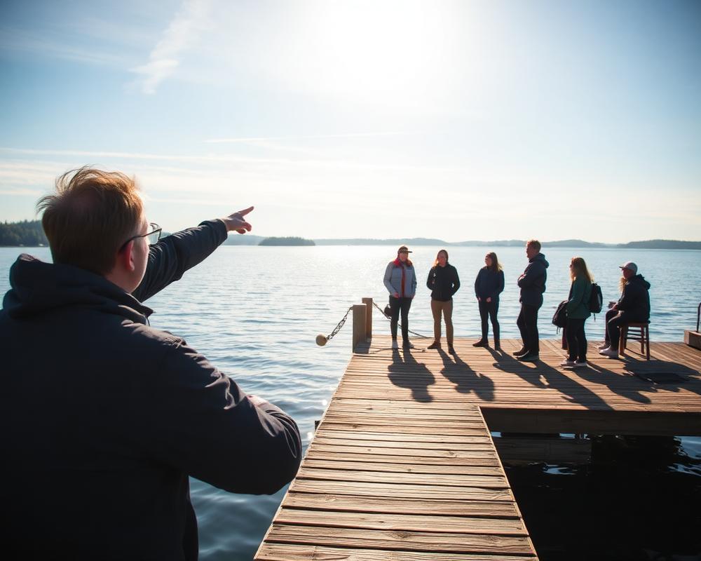 Instruktör med grupp på brygga